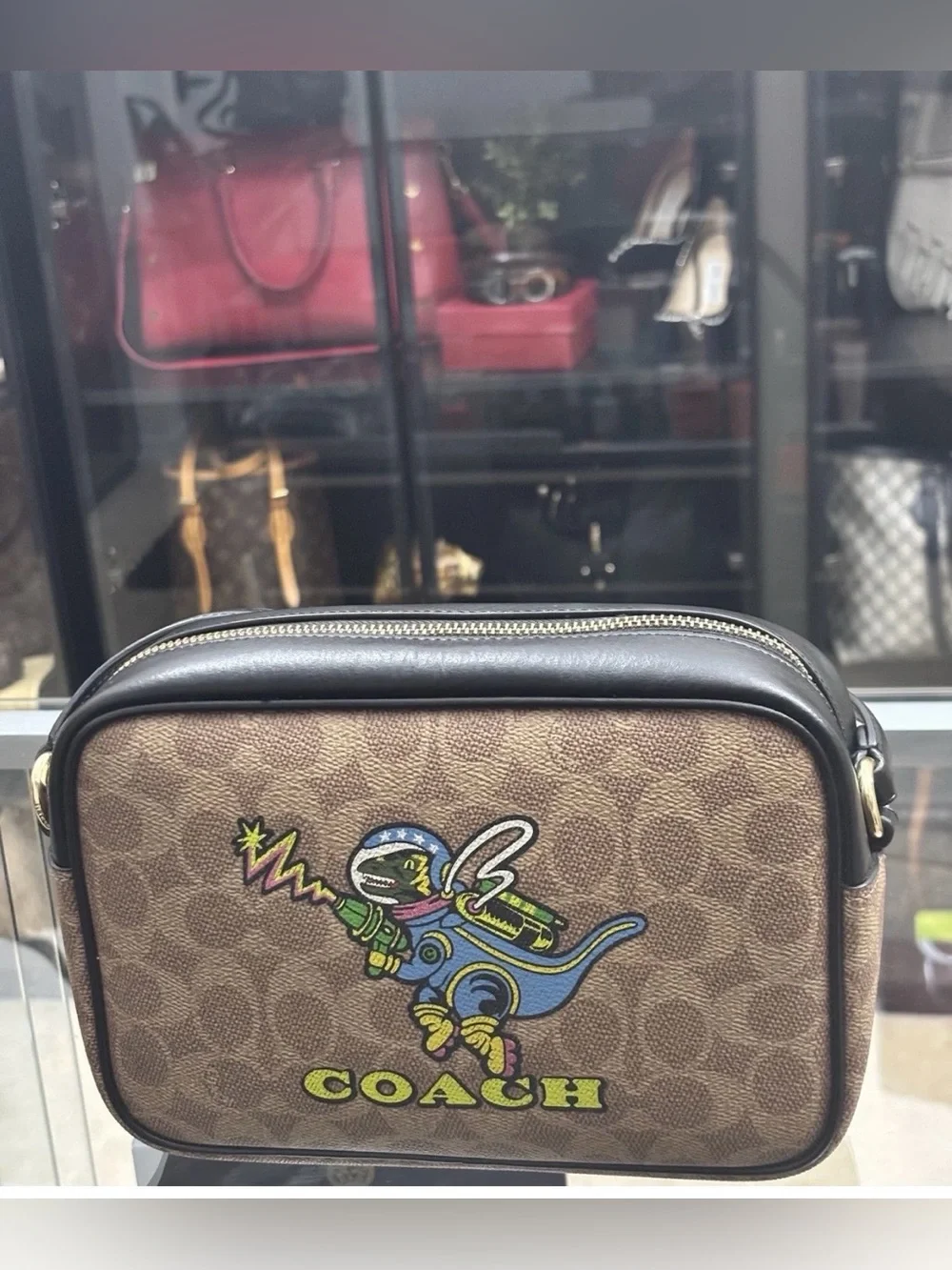Coach Signature Jamie Camera Bag With A Playful  Rexy Dinosaur Print Crossbody.
